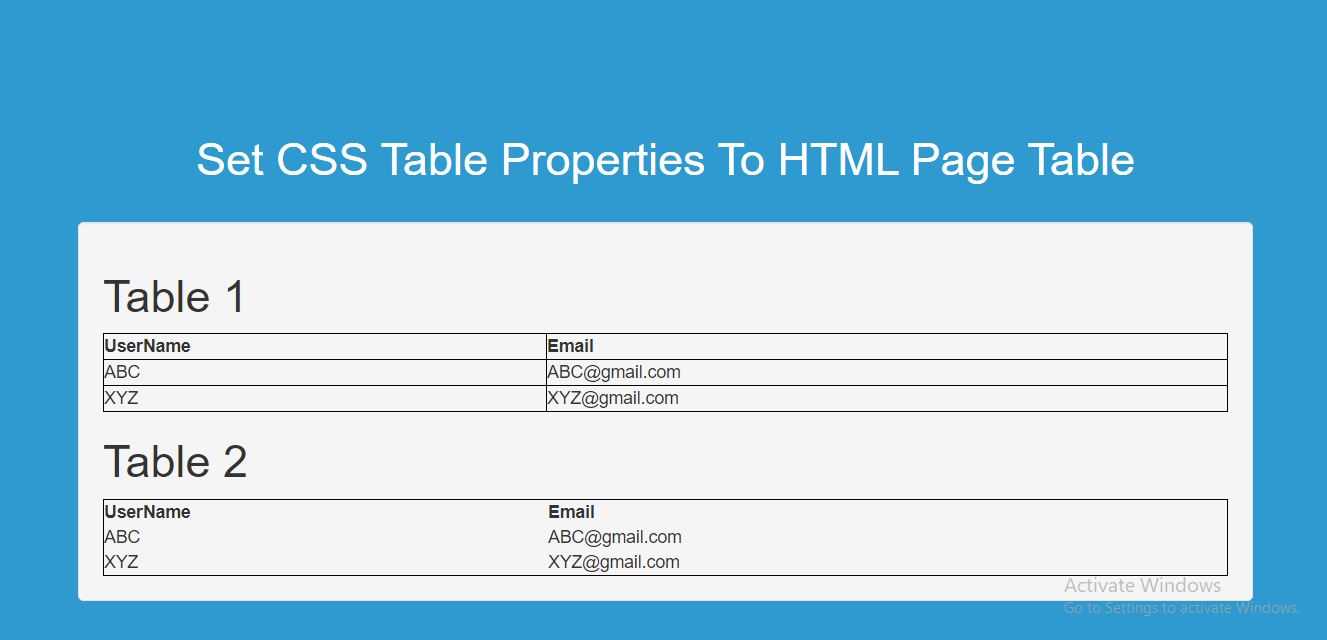 How To Set CSS Table Properties To HTML Page Table