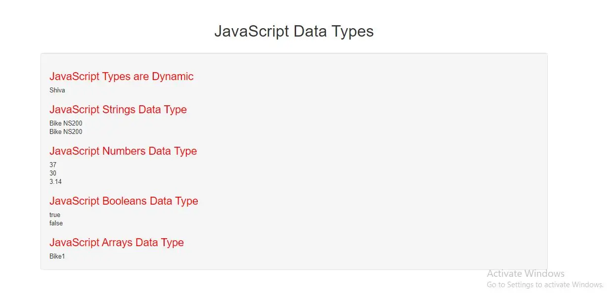 Which Are The Data Types Used In JavaScript With Example