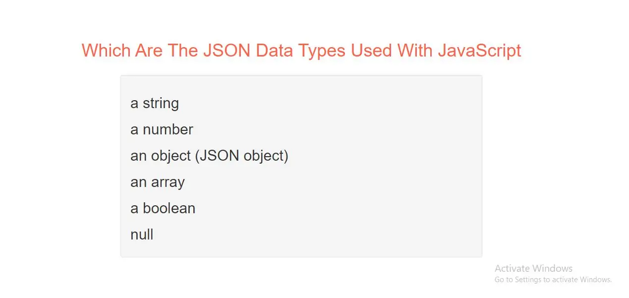 Which Are The JSON Data Types Used  With JavaScript
