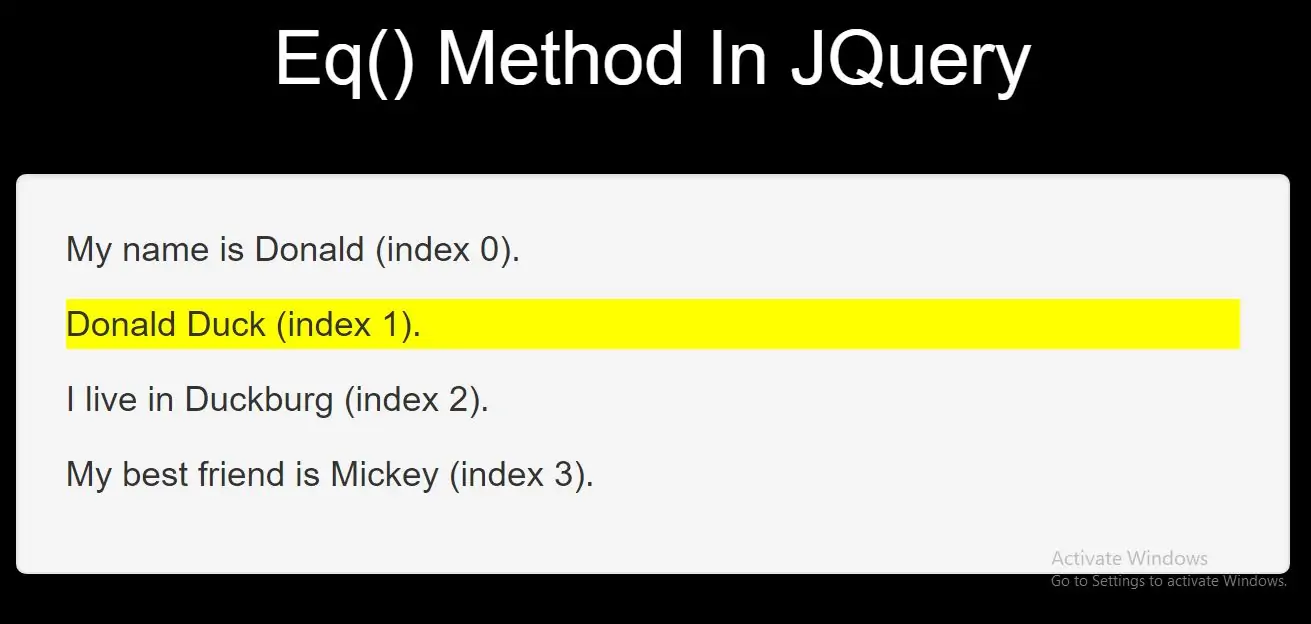 How To Filter HTML Elements Using Eq Method In JQuery