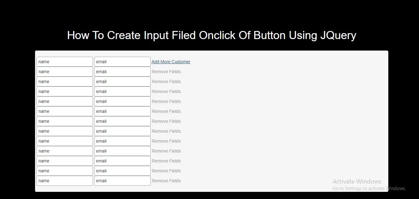 How To Create Input Filed Onclick Of Button Using JQuery