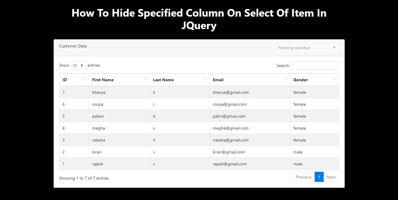 How To Hide Specified Column On Select Of Item In JQuery